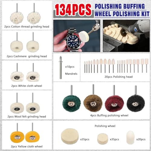 137PCS Buffing Wheel Polishing Kit Compatible with Dremel,Felt Wool Pad Set with Polish Compound,Rotary Tool Accessories with 1/8" Shank,Abrasive Wheel Buffing Polishing for Metal Polishing 137PCS