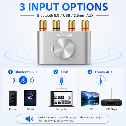 Facmogu F900S Bluetooth 5.0 Mini Power Amplifier, 80Wx2 Stereo Digital Amp 80W+80W Silver