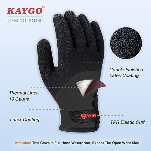 KAYGO Waterproof Thermal Work Gloves, Full Hand Latex Coated, KG140W Black Medium 1