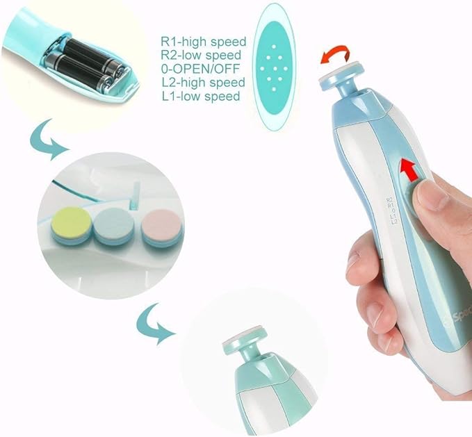 baby electric nail care baby nail file baby electric nail file electric low noise horny care cuticle care baby safe toe fingernails for newborn infants or women with LED lights, 6 grinding heads included lifetime quality assurance (blue) - BeesActive Australia