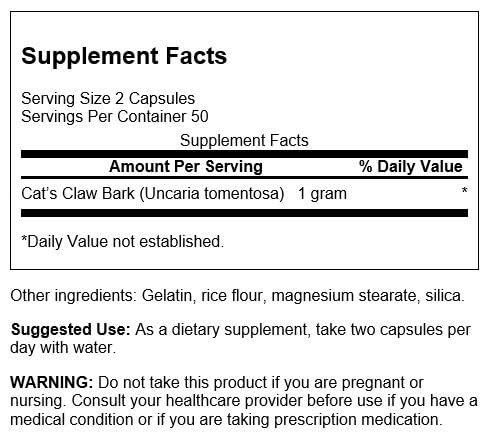 Swanson Full-Spectrum Cat's Claw - Herbal Supplement Promoting Digestive Health & Immune System Support - Natural Formula Supporting Joint Health - (100 Capsules, 500mg Each)