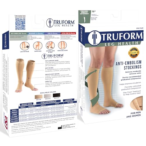 Truform Short Length Surgical Stockings, 18 mmHg Compression for Men and Women, Knee High Length, Open Toe Beige Medium (1 Pair)