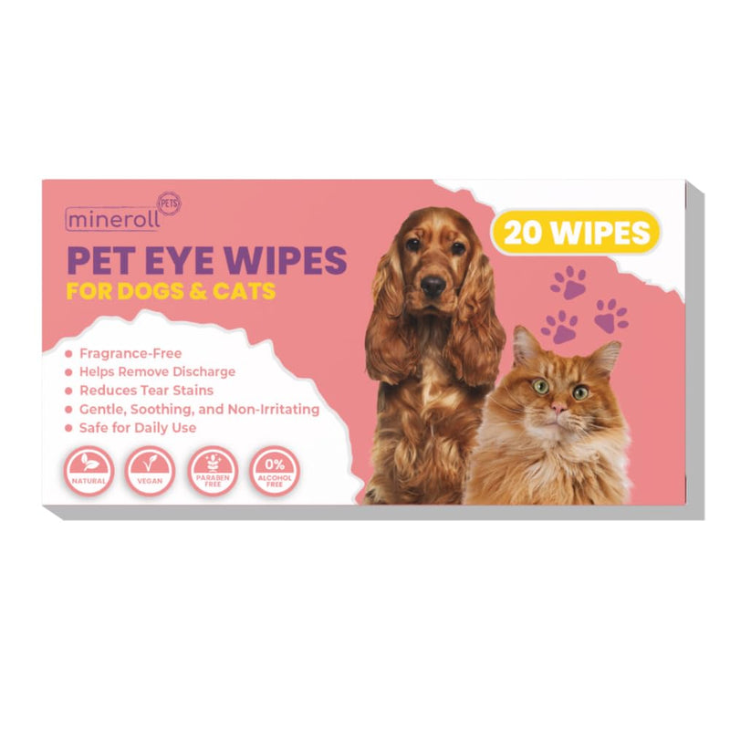 Pet Eye Wipes for Dogs & Cats - Individually Wrapped, Gentle Tear Stain Remover, Fragrance-Free, Alcohol-Free, Vegan, Soft Fabric - 20 Count