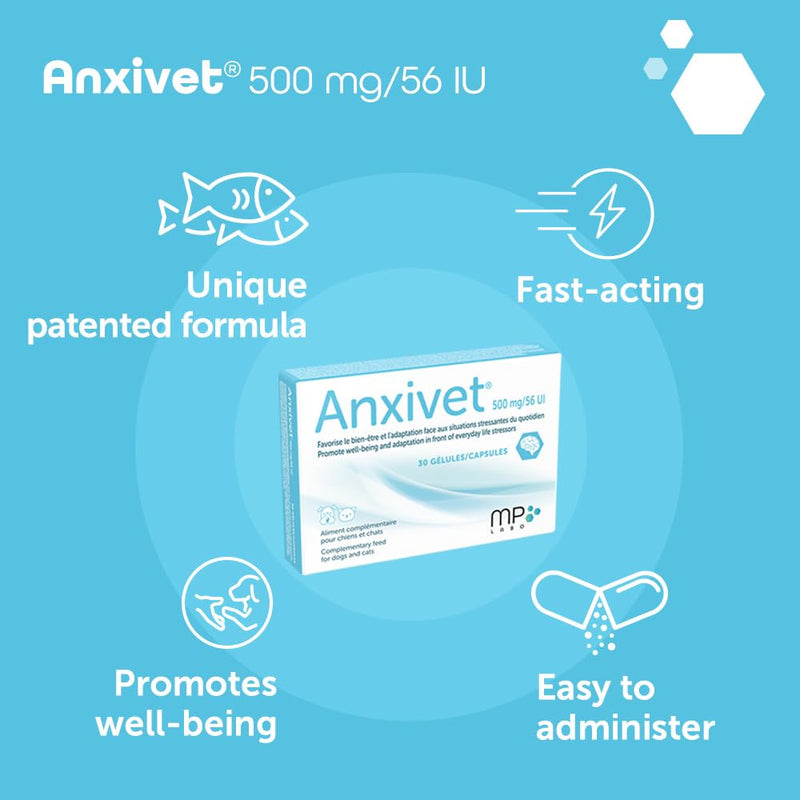 MP Labo Anxivet - Promotes Well-being and Adaptation to Stressful Daily Situations for Dogs and Cats (500 mg 56 IU 30 Capsules) 500 mg 56 IU 30 capsules