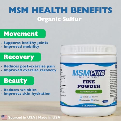 KALA HEALTH MSMPure Fast Dissolving Fine MSM Powder Crystals – US-Made MSM for Joint Health, Skin Appearance, and Hair & Nail Support – 1 lb, Organic Sulfur Unflavored 1 Pound (Pack of 1)