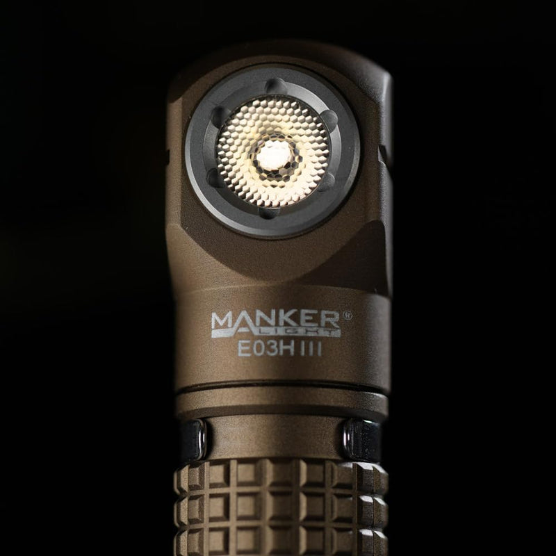Manker E03H III Rechargeable Headlamp - 1200 Lumens Pocket Mini Flashlight with Clip - 90 Degree EDC AA Right Angle Flashlight with Headband and Magnet Tail (Sand)