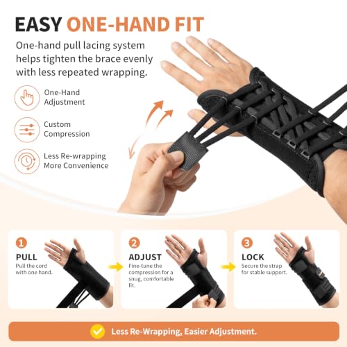 CAMBIVO Carpal Tunnel Wrist Brace with One-Hand Pull Lacing System, Black Matte Black Large/X-Large(Left Hand)