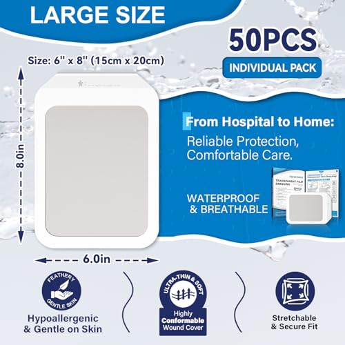 FRESINIDER Transparent Film Dressing 6” x 8” (50 Pack) – Large Waterproof Shower Bandages, Breathable Clear Wound Cover with Border for IV Shield, Post-Surgery Care & Tattoo Aftercare 6" x 8" 50