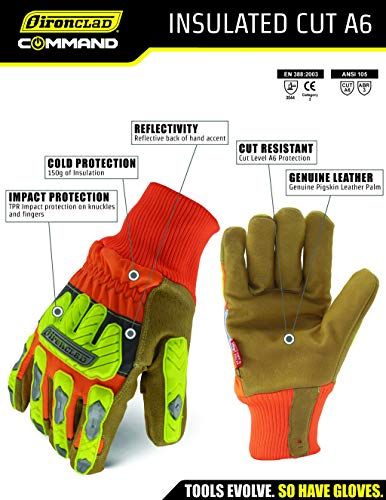 Ironclad Insulated Leather Cut A6; Winter Work Gloves, TPR Impact Protection, Machine Washable, High-Visibilty, (1 Pair), IEX-HVIP5-04-L Large (Pack of 1)