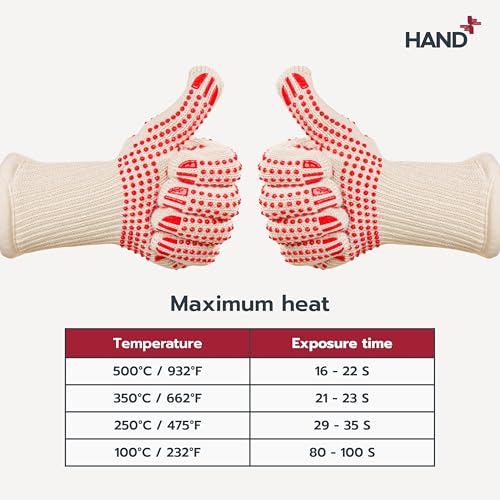 Hand+ Heat Resistant Oven Gloves (Size L/XL) 932°F / 500°C for BBQ Baking Cooking Smoker Fireplace Camping with Silicone Grip Thermo Dot Level 4 EN407 Certified