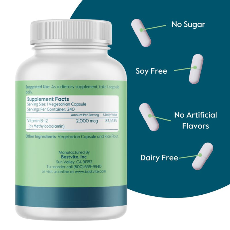 BESTVITE Vitamin B12 (Methylcobalamin) 2000mcg (240 Veg Caps) (Methyl B12) | No Stearates - Vegan - Non GMO - Gluten Free - Supports Energy Metabolism* - Vitamin B12 Supplement - Easy to Swallow Caps