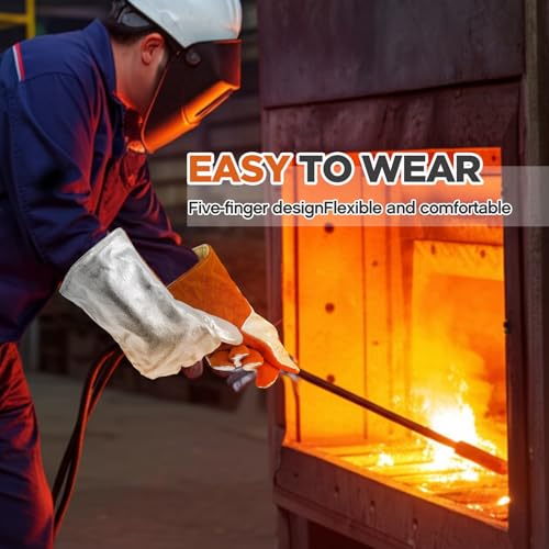 Kingdder High Temperature Aluminized Welding Gloves Heat Resistant 14 Inch Long Safety Work Glove for Smelting Metal Industry