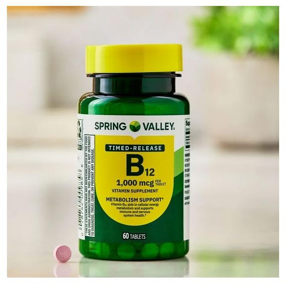 Spring Valley Vitamin B12 Supplement Timed-Release Tablets for Metabolism Support, 1000 mcg, 60 Count