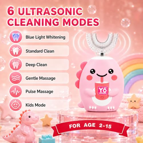 Kids U-Shaped Electric Toothbrush for Toddlers Ages 2-15 Girls, Sonic 360° Rechargeable Toothbrush Kids, 6 Brush Heads 6 Modes, IPX7 Waterproof Automatic 59S Timer - Pink