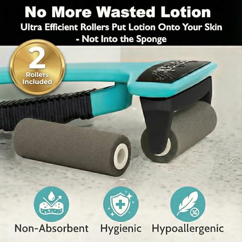 bearback Lotion Applicator for Back & Body Long-Reach Roller for Even Lotion, Sunscreen, Self-Tanner & Medication Application Foldable, Reusable, No-Help Design American Small Business (Teal) Teal