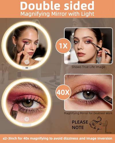 Travel Magnifying Makeup Mirror with Lights, Dual Sided 1X/40X, Foldable 40x-white