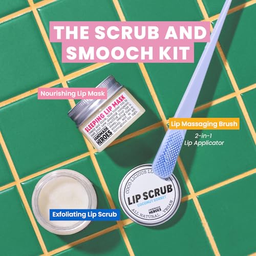 Handmade Heroes 100% Natural Lip Scrub and Lip Mask, Vegan Conditioning Coconut Lip Exfoliator and Volumizing Hair Powder Dry Shampoo Set (Brunette) - Clean Skincare