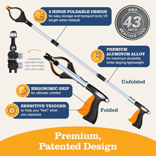 EZPIK Pro 43" Foldable Grabber Reacher Tool for Seniors - Grabbers for Elderly Reaching Tool Heavy Duty Pickup Trash Picker Upper Equipment - Claw Grabber Stick for Reaching Aids, Weed Gripper 43" - 1 PK Silver