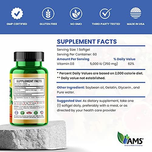America Medic & Science Xtra D3 Vitamin D 5,000 IU (125 mcg) Cholecalciferol Supplement for Men & Women (60 Easy to Swallow Softgels) Best for Bone, Heart Health, Immune System Support, Lung Function 60