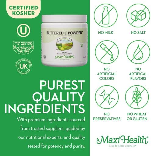 Maxi Health® Vitamin C Powder, Buffered & Stomach-Friendly (4 Oz) | Kosher | Buffered Vitamin C Powder | Gentle, Stomach-Friendly Immune Support | Vegan | Doctor Formulated