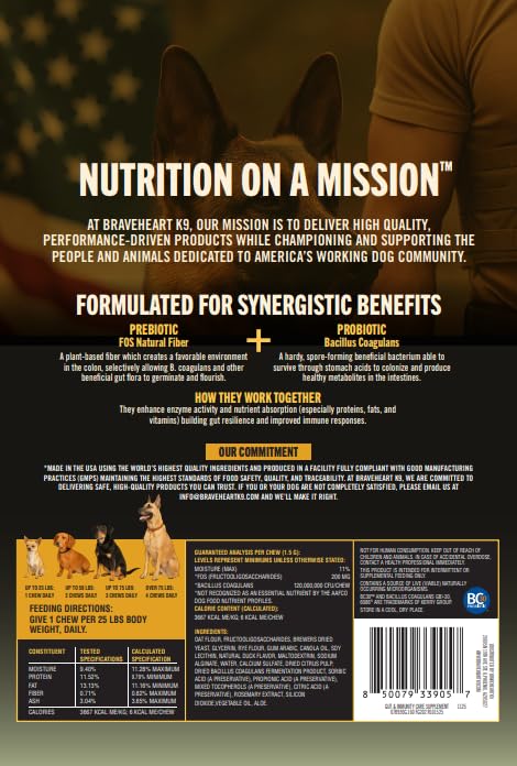 Braveheart K9 Gut & Immunity Care Dog Supplement, Veterinarian Formulated, Dual Action Prebiotic & Probiotic System, Fortified Soft Chew, 160 Count