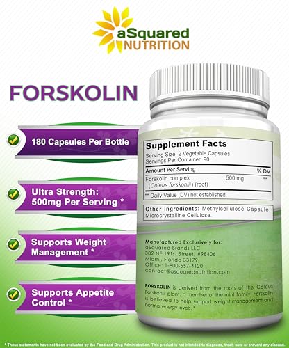 aSquared Nutrition Forskolin 500mg Per Serving Max Strength-180 Capsules, Supplement for Pure Weight Loss Fuel, Coleus Forskohlii Root - Forskolin Diet Pills, Belly Buster Fat Burner 2X Slim Trim Lose