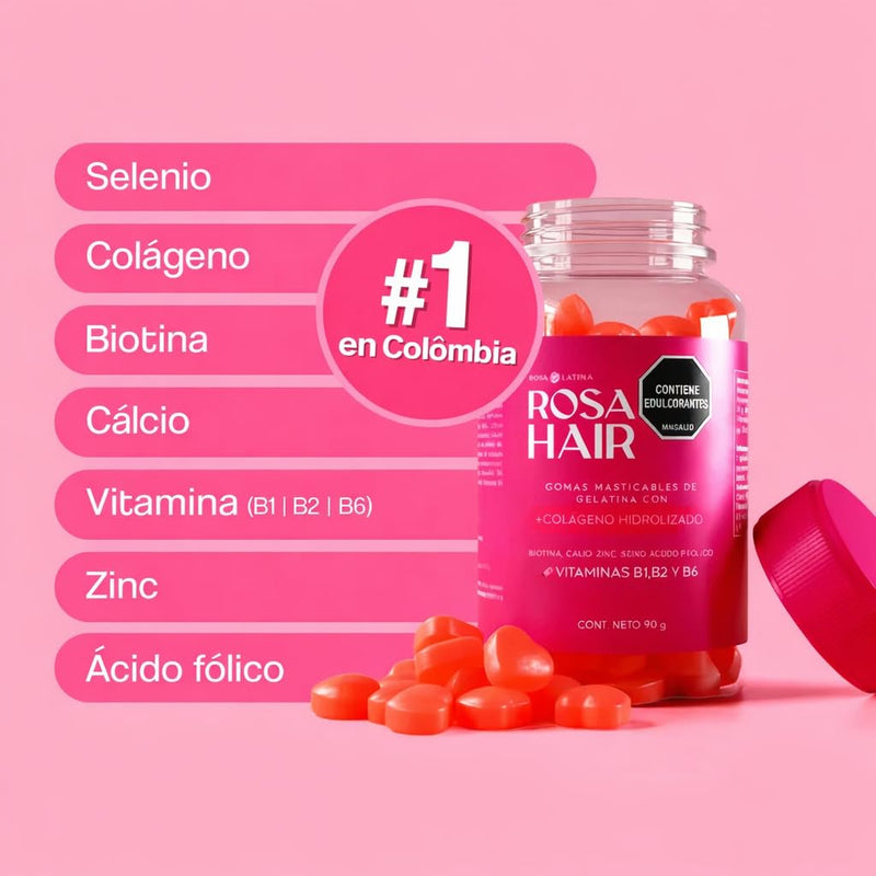 SHAEIO ROSA Latina Rosa Hair Gomitas Colombianas | Vitaminas para el Cabello Biotin Gummies | Colageno Hidrolizado for Women | Hair Growth Gummies | Cabello & Uñas Fuertes y Saludables