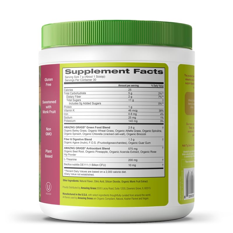 Amazing Grass Greens Blend Mood: Super Greens Powder Smoothie Mix for Mood, Relaxation & Stress Support with Organic Spirulina, Chlorella, Beet Root Powder, Digestive Enzymes & Probiotics, 30 Servings - BeesActive Australia