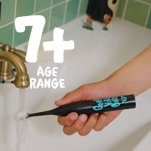 Made by Dentists Sonic X Electric Toothbrush – Rechargeable Kids Sonic Toothbrush, 8X Plaque Removal, 2 Speed Modes, 2-Minute Timer 6 Brush Heads Included, Tweens Ages 7+, Good Vibes Only Edition Black and Blue