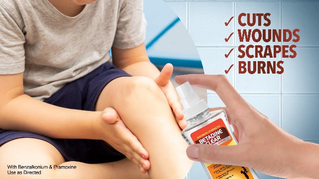Betadine Clear First Aid Spray, Max Strength Pain Relieving Antiseptic Cleansing Spray, No Stinging, Kills 99.9% of Germs*, Helps Prevent Infections, 6 oz 6 Ounce Clear Spray