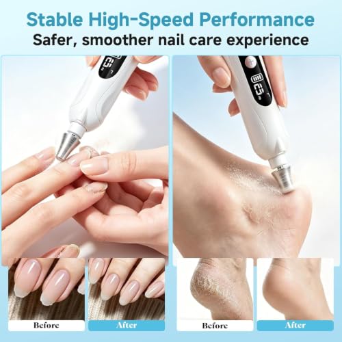 Electric Nail File, Cordless Toe Nail Grinder for Thick Toenails & Callus, Rechargeable Nail Drill for Manicure and Pedicure with LCD & Lamp, Gifts for Women Men Seniors White