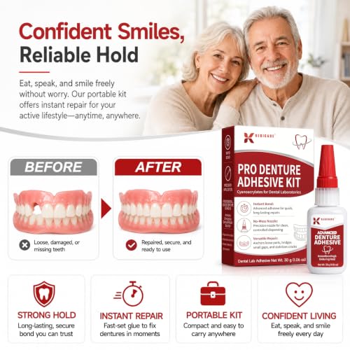 Dental Lab Instant Bonding Dental Glue Kit for Dentures & Lab Tools, Fast-Setting 15-60 Sec Denture Repair Kit, Temporary Adhesive for Fixing Cracks, Gaps & Loose Teeth - 1oz (30g)