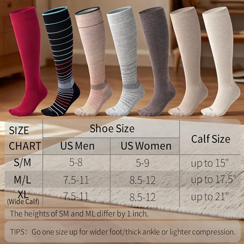 Soft Cotton Compression Socks for Women & Men 20-30 mmHg - Knee High Support Socks with Thick Sole and Seamless Toe Medium-Large 3 Pairs - Natural Land