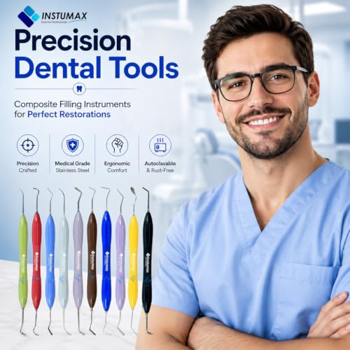 Set of 10 Dental Composite Placement Filling Instruments – Silicone Handle Restoration Plugger/Spatula – Resin Application & Tooth Restoration Kit 10 Pcs