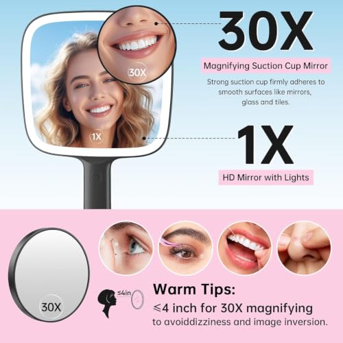 Famihomii Rechargeable Lighted Handheld Mirror, Hand Mirror with Magnifying Black
