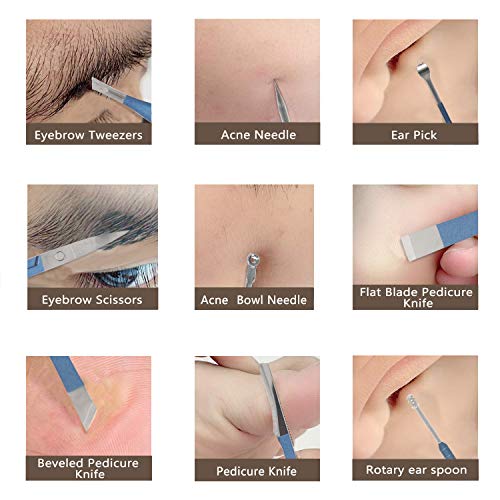 18 Pieces of Stainless Steel Nail Trimming and Beauty Kits - Nail Clippers, Nail Files, Tweezers, Nose Scissors, Eyebrow shavers, Ear Spoons, Blue Leather suitcases.