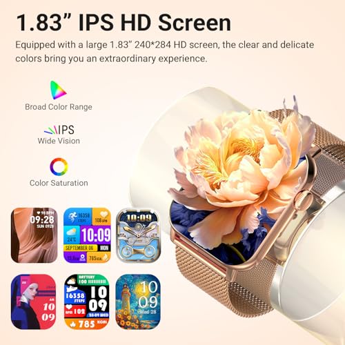 Trendia Smart Watches for Women, 1.83'' HD Fitness Tracker with Answer/Make Calls, Heart Rate/Sleep/SpO2 Monitor, 120+ Sport Modes, IP68 Waterproof, Compatible iPhone/Android Gold