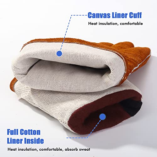 QeeLink Welding Gloves for Men - Fireproof Leather and Stitching Brown (16-inch)