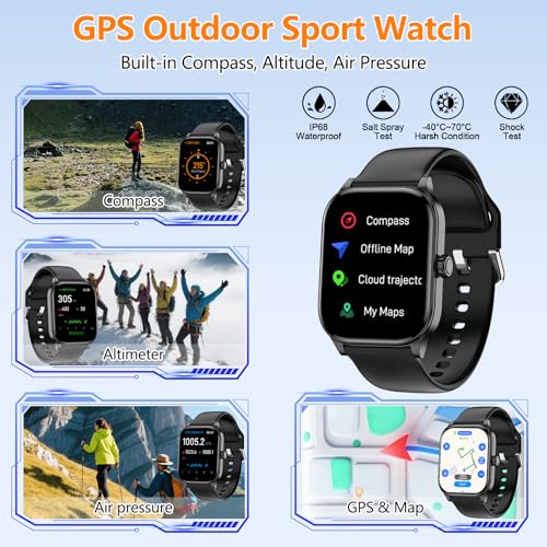 Smart Watch for Women Men, GPS Smartwatches with Heart Rate/SpO2/Sleep/Stress Monitor, 100+ Sports Fitness Watches, IP68 Waterproof Activity Tracker for Android/ iOS Phone (Black, 1.96"_GPS+Map) Black