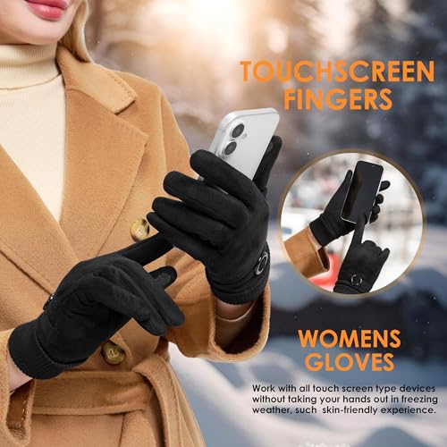 Womens Suede Gloves for Cold Weather, Winter Thick Warm Fleece Lined X-Large Black