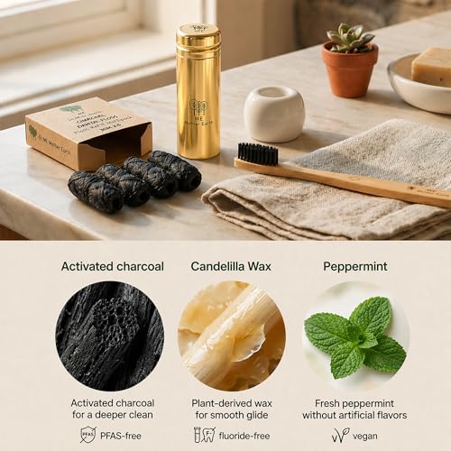 Vegan Bamboo Charcoal Dental Floss with Refillable Gold Stainless Steel Container with 30m x4 Refill | Peppermint Essential Oil | Eco Friendly Zero Waste Oral Care