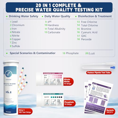 20 in 1 Water Tester for Drinking Water, Well Water Testing Kit, Suitable for Household Tap Water, Natural Water Quality Testing, Can Detect Water Hardness, Chlorine, Lead, Ph, Etc. (123 Test Strips) 20 in 1