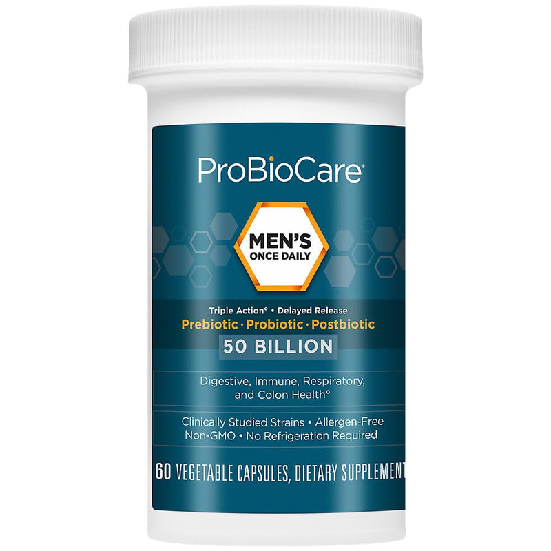 ProBioCare Men’s Once Daily Probiotic, 50B CFU, Digestive Health, 60 Caps | Triple-Action Prebiotic, Probiotic & Postbiotic Blend, Delayed-Release Capsules, Shelf-Stable, Non GMO, Allergen Free