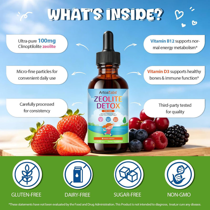 Zeolite Detox Drops for Kids - Orange Flavor, Vegan, Gluten-Free Gentle Micronized Clinoptilolite - Liquid Supplement with Vitamins B12, C & D to Clean Toxins for Children & Toddlers