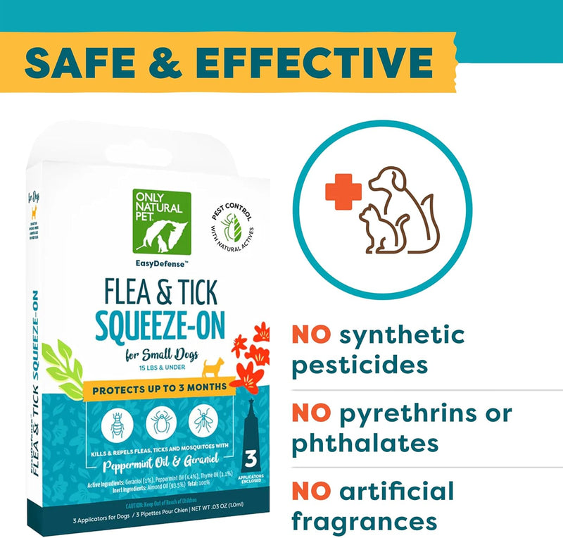 Only Natural Pet Flea and Tick Prevention for Small Breed Dogs (up to 15 lbs) - EasyDefense Flea Remedy - Natural Flea Treatment Control Herbal Squeeze-On Drops - Three Month Supply Single - BeesActive Australia