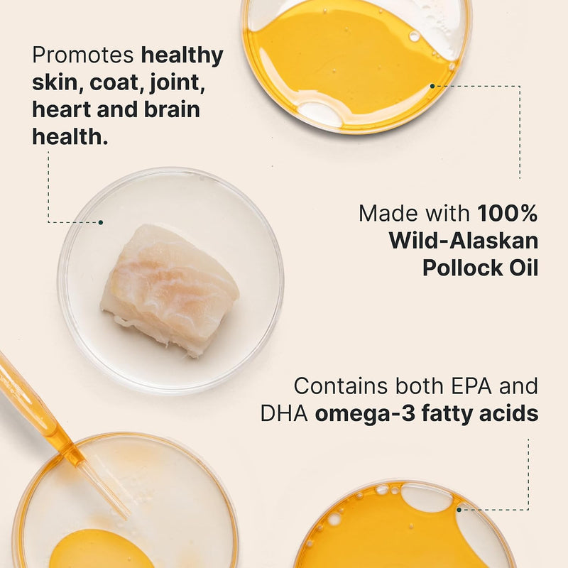 Wuffes Wild Alaskan Pollock Oil for Dogs - Natural EPA & DHA Fatty Acids, Omega 3 for Canines, Supports Healthy Skin and Coat, Joint Nutrition, and Immune System - 100% Pure Fish Oil for Pets - 8 Oz