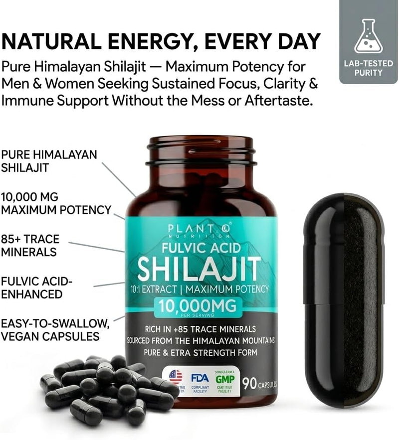 Thinbi Pure Himalayan Shilajit 10000mg Maximum Potency Organic Capsules 90 Count with Fulvic Acid & Trace Minerals for Enhanced Energy and Immune Support Men & Women Better Than Shilajit Resin - BeesActive Australia