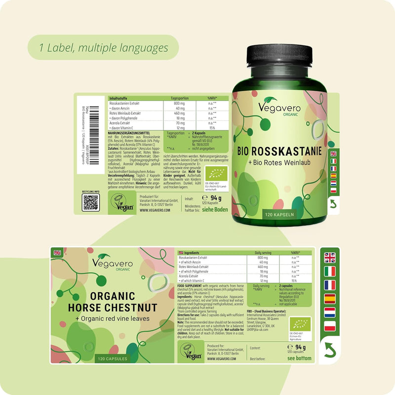 Organic Horse Chestnut Extract Vegavero® | with Red Vines & Acerola Cherry | 120 Capsules | NO Additives | Circulation & Varicose Veins Support | Aesculus hippocastanum | Vegan - BeesActive Australia
