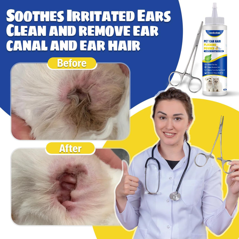 Ear Powder for Dogs Plucking,Dog Ear Infection Treatment with 5.5 Inch Tweezers Curved,Removal Ear Hair Powder,Soothes Itchy Ears & Relieve Scratching ear powder+tweezers