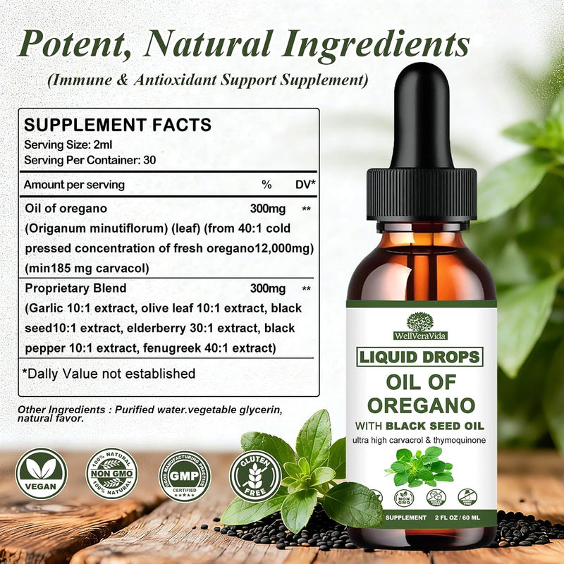 Oil of Oregano with Black Seed Oil Liquid Drops ‚Äì Wild Oregano (90% Carvacrol) and Black Currant Seed Oil ‚Äì Vegan, GMO-Free & High-Potency ‚Äì Supports Immunity, Gut Health & Wellness (Unflavored, 30mL)